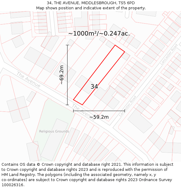 34, THE AVENUE, MIDDLESBROUGH, TS5 6PD: Plot and title map