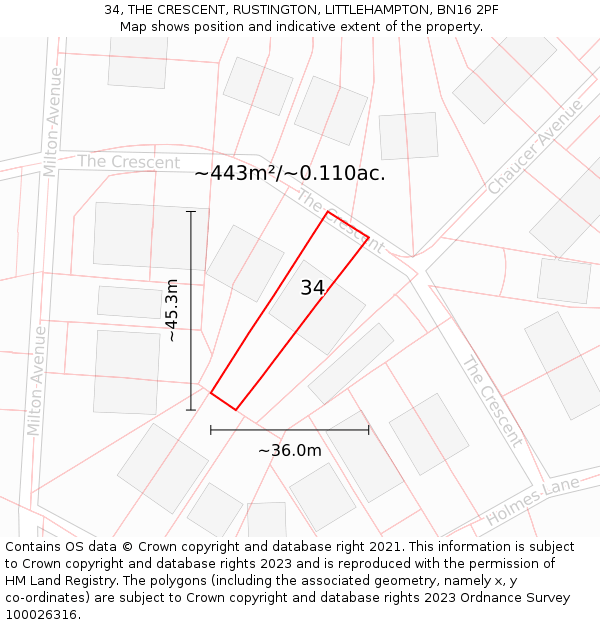 34, THE CRESCENT, RUSTINGTON, LITTLEHAMPTON, BN16 2PF: Plot and title map