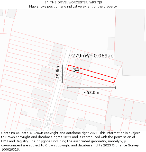 34, THE DRIVE, WORCESTER, WR3 7JS: Plot and title map