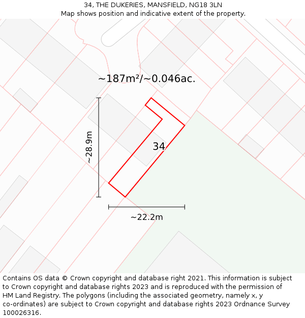 34, THE DUKERIES, MANSFIELD, NG18 3LN: Plot and title map