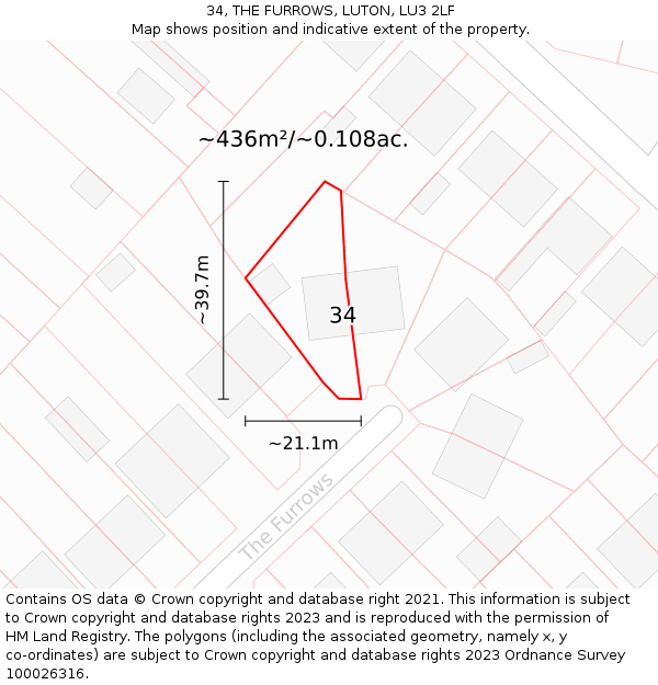 34, THE FURROWS, LUTON, LU3 2LF: Plot and title map