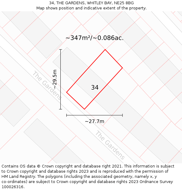 34, THE GARDENS, WHITLEY BAY, NE25 8BG: Plot and title map