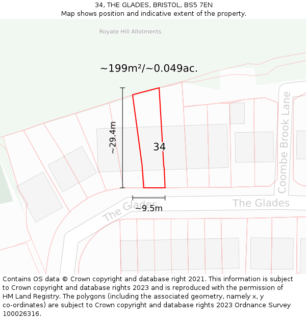 34, THE GLADES, BRISTOL, BS5 7EN: Plot and title map