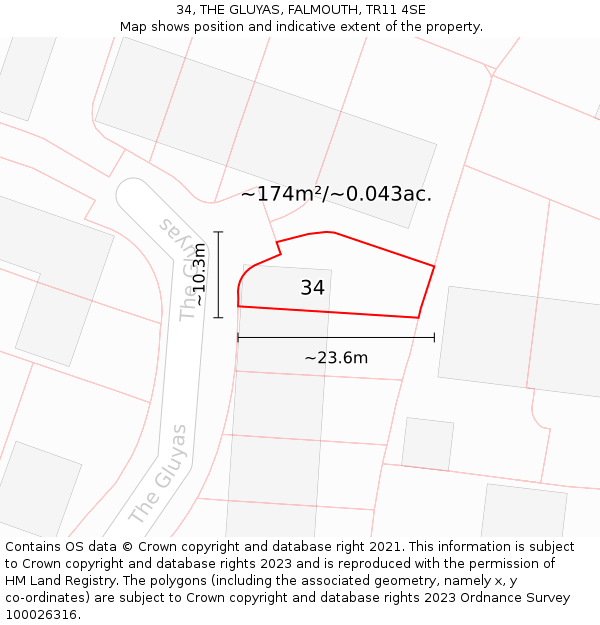 34, THE GLUYAS, FALMOUTH, TR11 4SE: Plot and title map