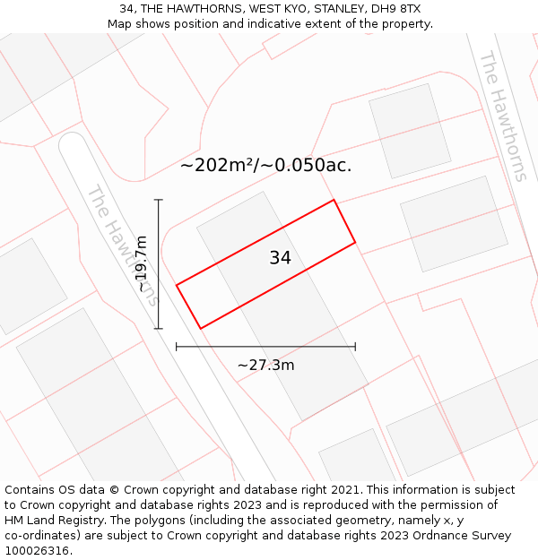 34, THE HAWTHORNS, WEST KYO, STANLEY, DH9 8TX: Plot and title map