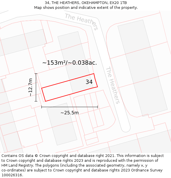 34, THE HEATHERS, OKEHAMPTON, EX20 1TB: Plot and title map