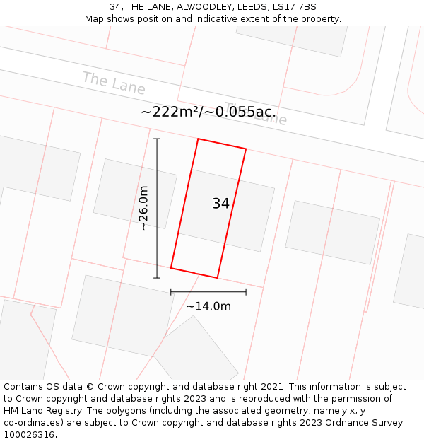 34, THE LANE, ALWOODLEY, LEEDS, LS17 7BS: Plot and title map