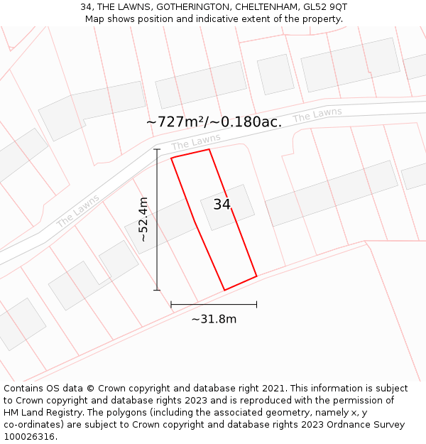 34, THE LAWNS, GOTHERINGTON, CHELTENHAM, GL52 9QT: Plot and title map