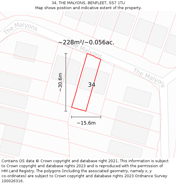 34, THE MALYONS, BENFLEET, SS7 1TU: Plot and title map
