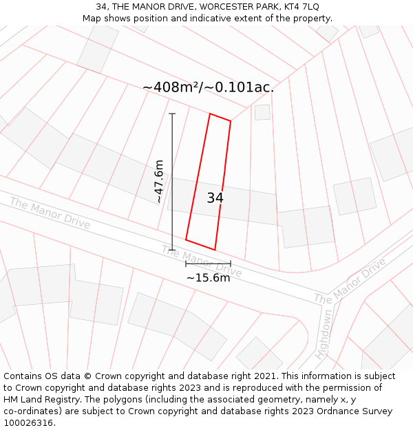 34, THE MANOR DRIVE, WORCESTER PARK, KT4 7LQ: Plot and title map