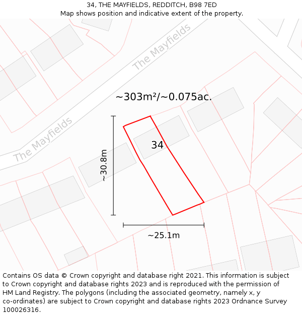 34, THE MAYFIELDS, REDDITCH, B98 7ED: Plot and title map