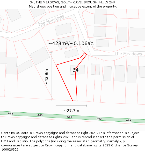 34, THE MEADOWS, SOUTH CAVE, BROUGH, HU15 2HR: Plot and title map