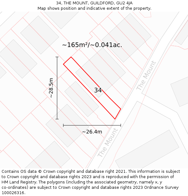 34, THE MOUNT, GUILDFORD, GU2 4JA: Plot and title map