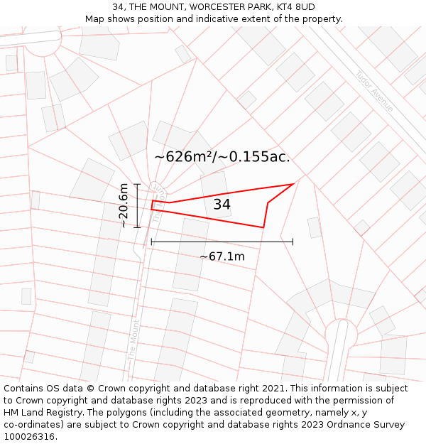 34, THE MOUNT, WORCESTER PARK, KT4 8UD: Plot and title map