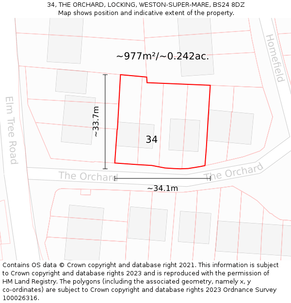 34, THE ORCHARD, LOCKING, WESTON-SUPER-MARE, BS24 8DZ: Plot and title map