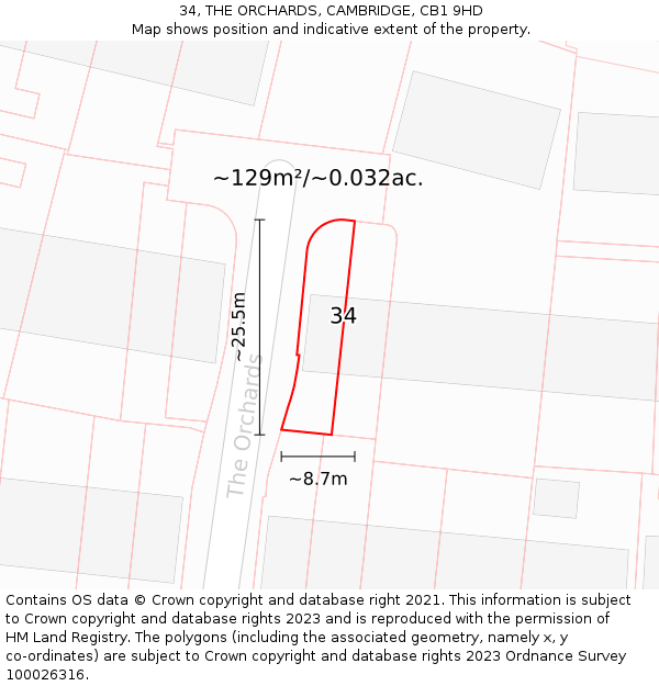 34, THE ORCHARDS, CAMBRIDGE, CB1 9HD: Plot and title map