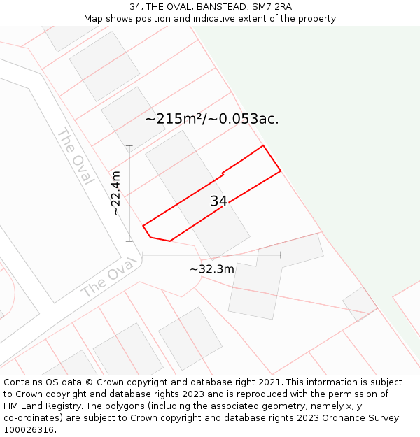 34, THE OVAL, BANSTEAD, SM7 2RA: Plot and title map