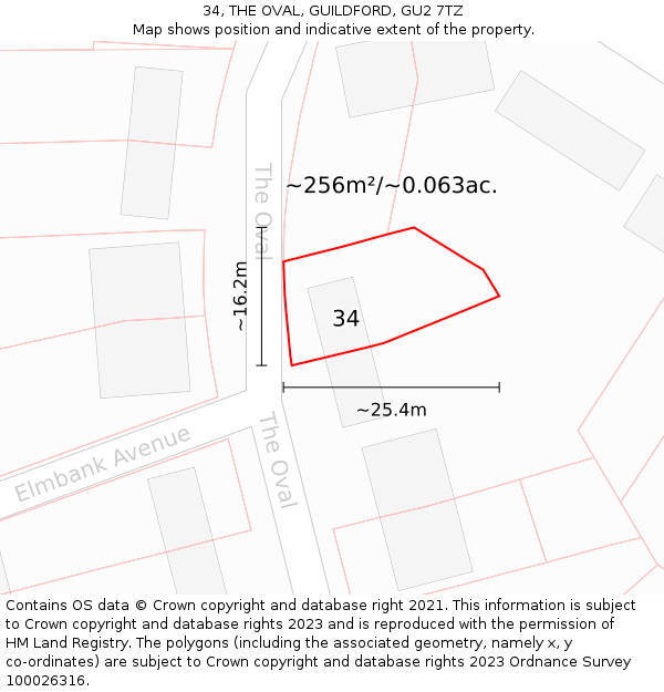 34, THE OVAL, GUILDFORD, GU2 7TZ: Plot and title map