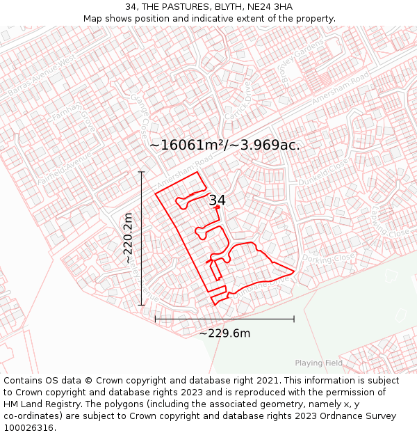34, THE PASTURES, BLYTH, NE24 3HA: Plot and title map