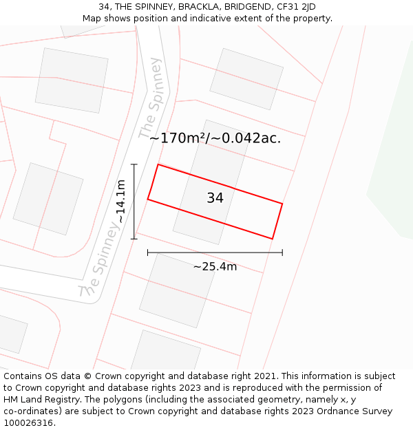 34, THE SPINNEY, BRACKLA, BRIDGEND, CF31 2JD: Plot and title map