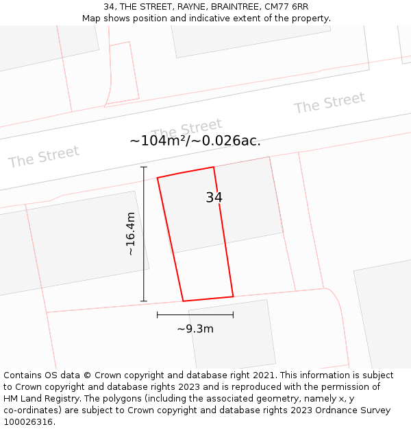 34, THE STREET, RAYNE, BRAINTREE, CM77 6RR: Plot and title map