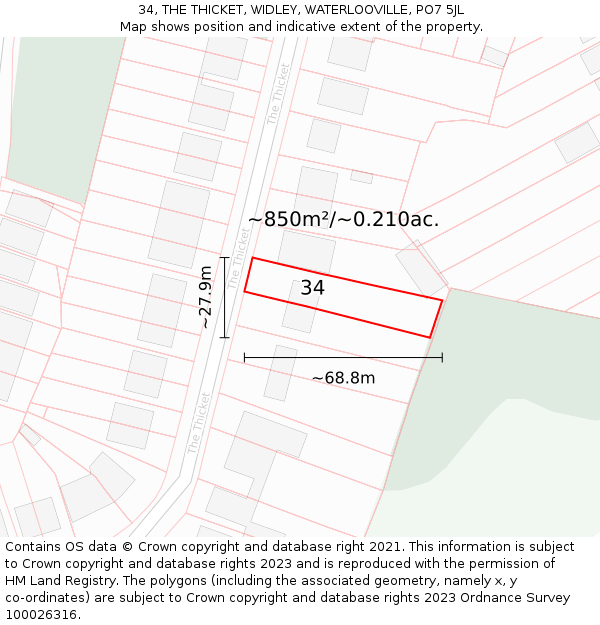 34, THE THICKET, WIDLEY, WATERLOOVILLE, PO7 5JL: Plot and title map