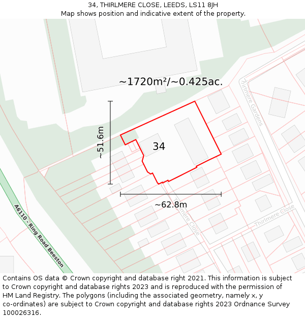 34, THIRLMERE CLOSE, LEEDS, LS11 8JH: Plot and title map
