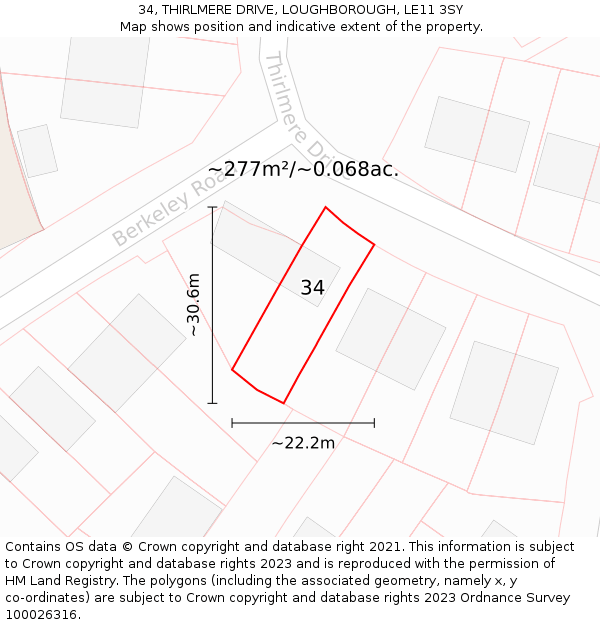34, THIRLMERE DRIVE, LOUGHBOROUGH, LE11 3SY: Plot and title map