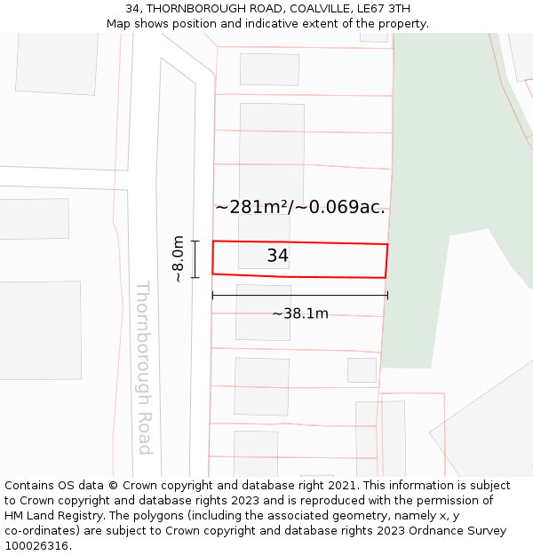 34, THORNBOROUGH ROAD, COALVILLE, LE67 3TH: Plot and title map