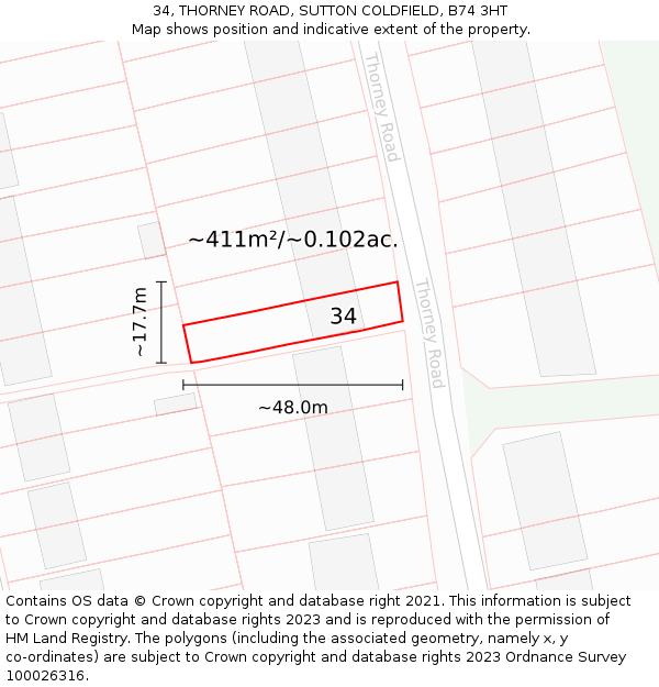 34, THORNEY ROAD, SUTTON COLDFIELD, B74 3HT: Plot and title map