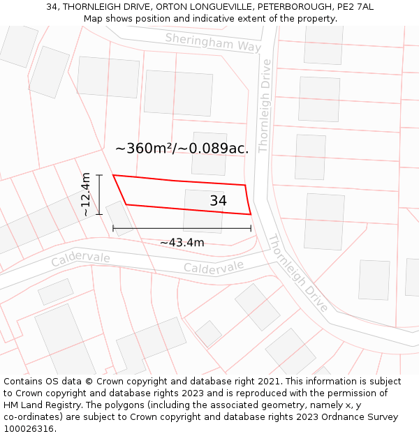 34, THORNLEIGH DRIVE, ORTON LONGUEVILLE, PETERBOROUGH, PE2 7AL: Plot and title map
