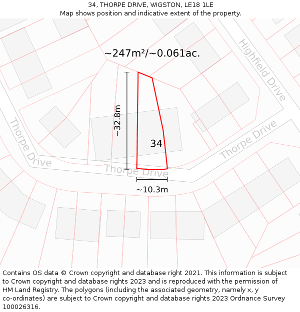 34, THORPE DRIVE, WIGSTON, LE18 1LE: Plot and title map