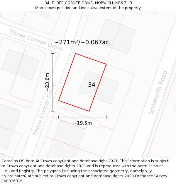 34, THREE CORNER DRIVE, NORWICH, NR6 7HB: Plot and title map