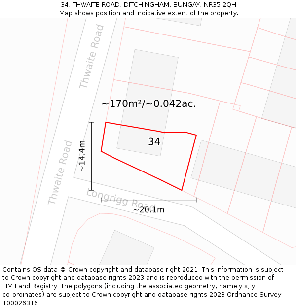 34, THWAITE ROAD, DITCHINGHAM, BUNGAY, NR35 2QH: Plot and title map