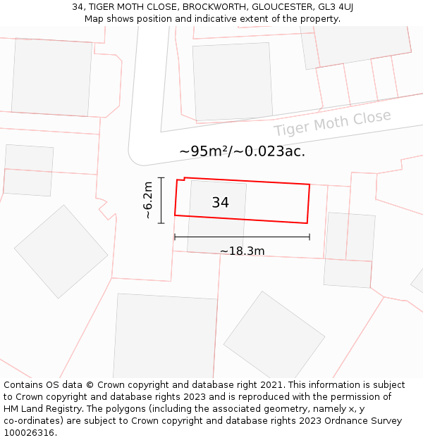 34, TIGER MOTH CLOSE, BROCKWORTH, GLOUCESTER, GL3 4UJ: Plot and title map