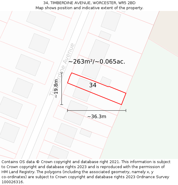 34, TIMBERDINE AVENUE, WORCESTER, WR5 2BD: Plot and title map