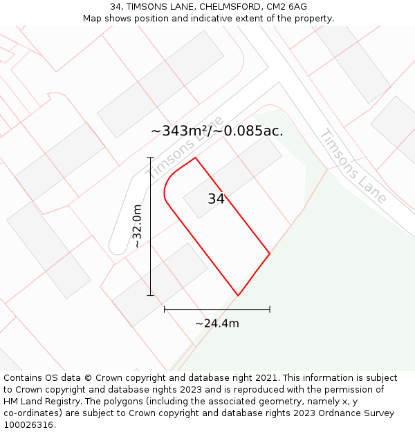 34, TIMSONS LANE, CHELMSFORD, CM2 6AG: Plot and title map