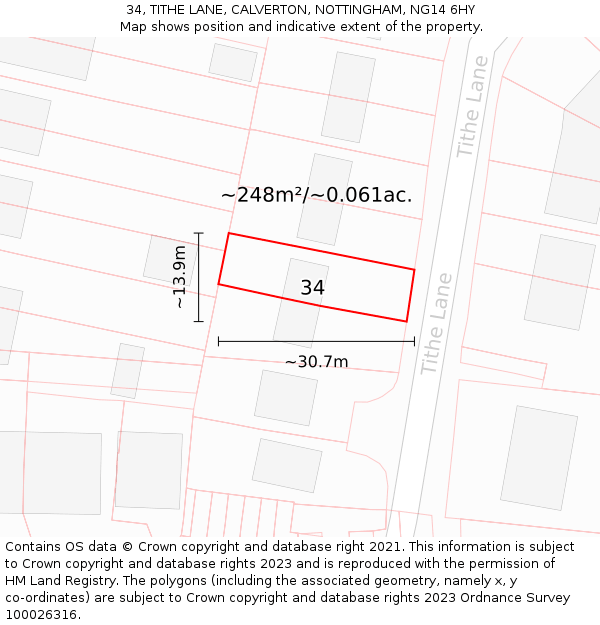 34, TITHE LANE, CALVERTON, NOTTINGHAM, NG14 6HY: Plot and title map