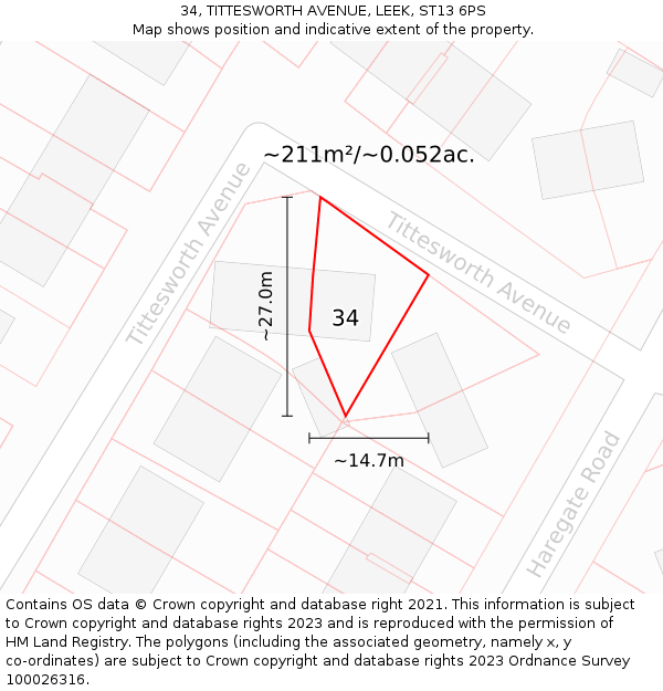 34, TITTESWORTH AVENUE, LEEK, ST13 6PS: Plot and title map