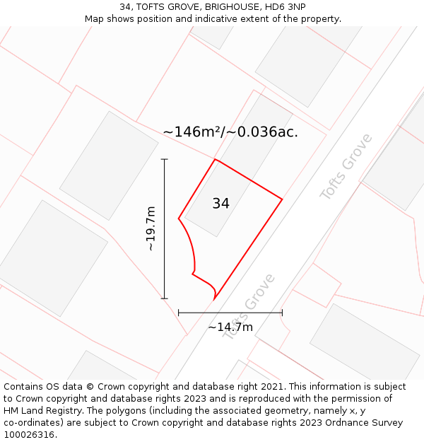 34, TOFTS GROVE, BRIGHOUSE, HD6 3NP: Plot and title map