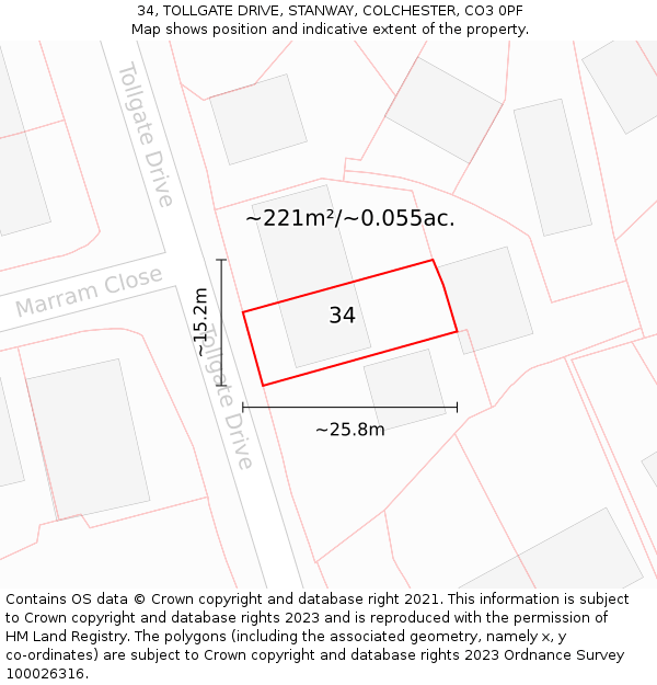 34, TOLLGATE DRIVE, STANWAY, COLCHESTER, CO3 0PF: Plot and title map