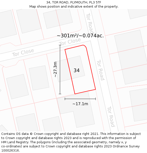34, TOR ROAD, PLYMOUTH, PL3 5TF: Plot and title map