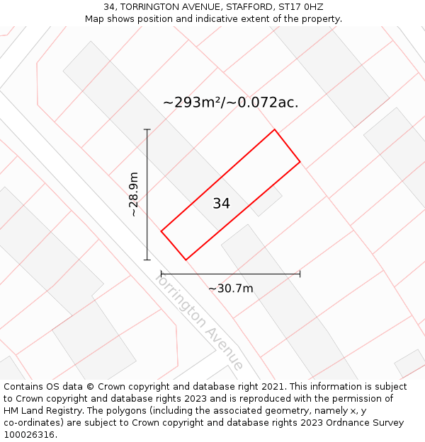 34, TORRINGTON AVENUE, STAFFORD, ST17 0HZ: Plot and title map