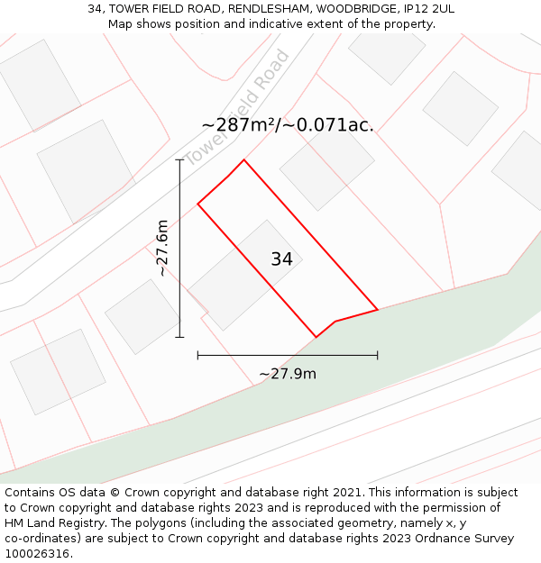 34, TOWER FIELD ROAD, RENDLESHAM, WOODBRIDGE, IP12 2UL: Plot and title map