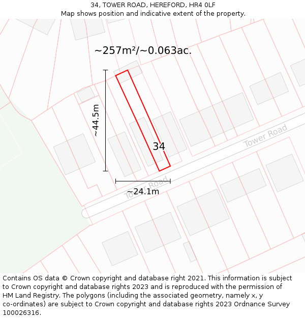34, TOWER ROAD, HEREFORD, HR4 0LF: Plot and title map