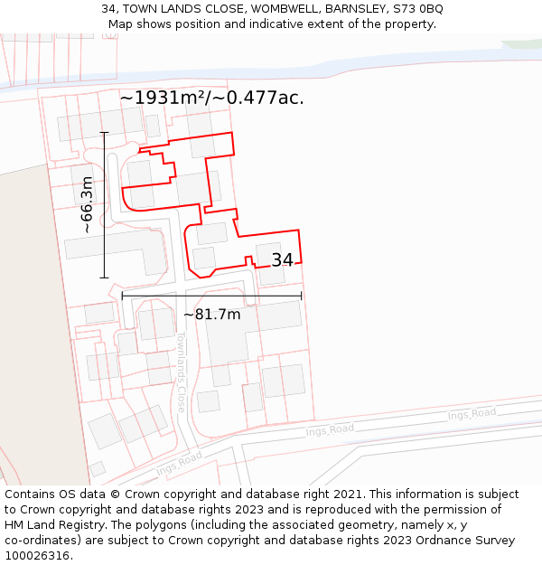 34, TOWN LANDS CLOSE, WOMBWELL, BARNSLEY, S73 0BQ: Plot and title map