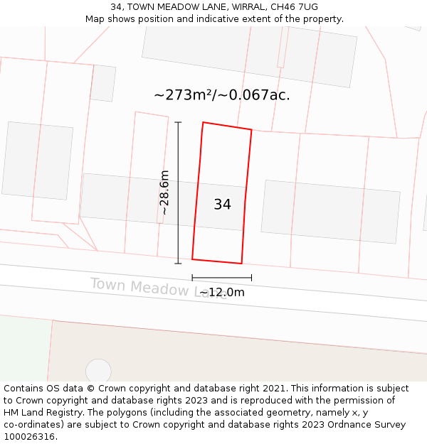 34, TOWN MEADOW LANE, WIRRAL, CH46 7UG: Plot and title map