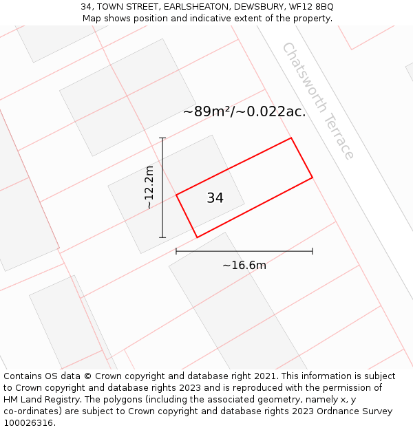 34, TOWN STREET, EARLSHEATON, DEWSBURY, WF12 8BQ: Plot and title map
