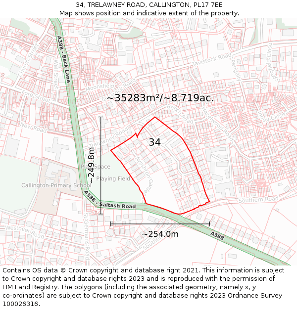 34, TRELAWNEY ROAD, CALLINGTON, PL17 7EE: Plot and title map