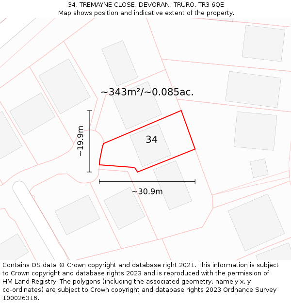 34, TREMAYNE CLOSE, DEVORAN, TRURO, TR3 6QE: Plot and title map